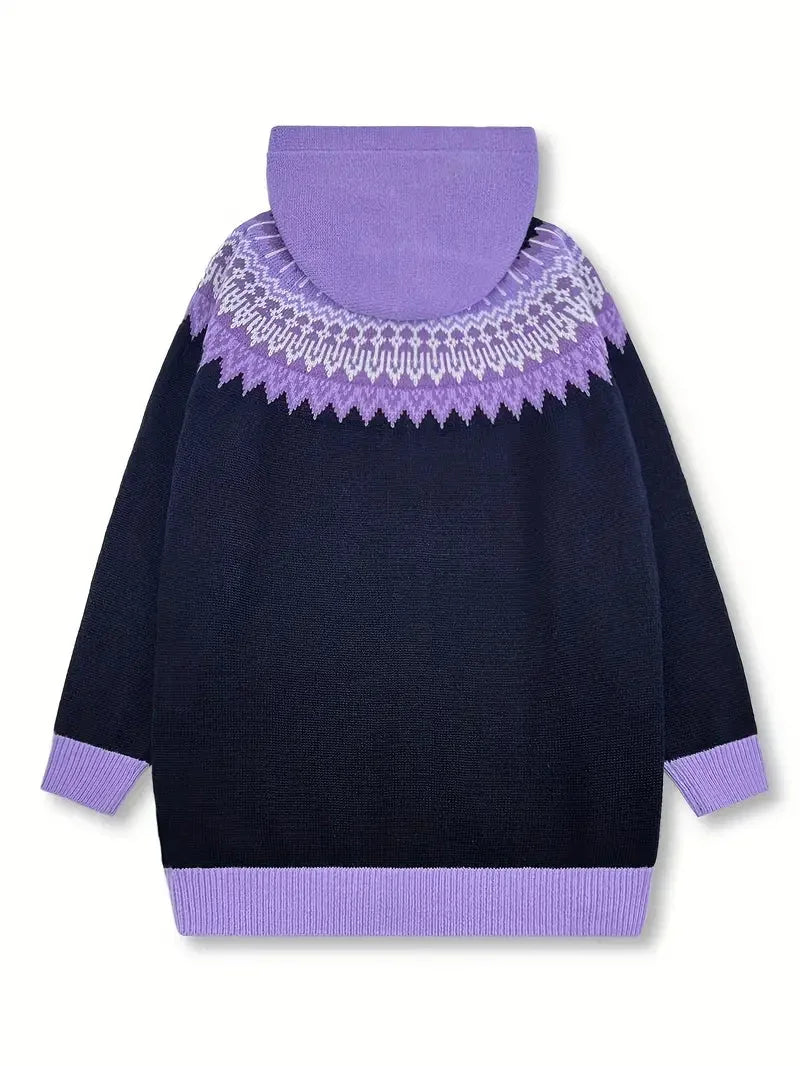 Women's Knit Hooded Mid-Length Fair Isle Pattern Cardigan Sweater – Button Front