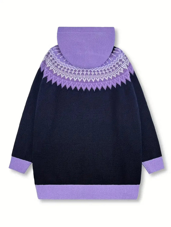 Women's Knit Hooded Mid-Length Fair Isle Pattern Cardigan Sweater – Button Front