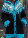 Women's Knit Hooded Mid-Length Fair Isle Pattern Cardigan Sweater – Button Front