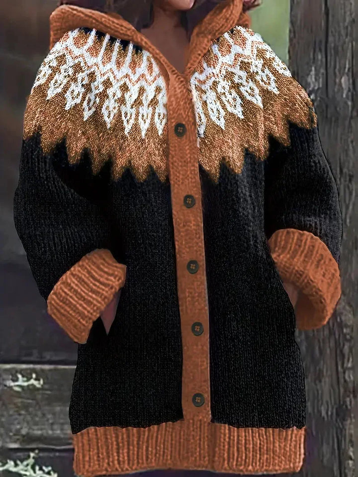 Women's Knit Hooded Mid-Length Fair Isle Pattern Cardigan Sweater – Button Front