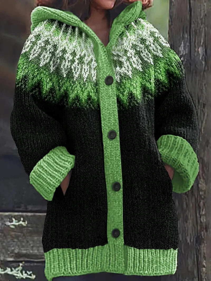Women's Knit Hooded Mid-Length Fair Isle Pattern Cardigan Sweater – Button Front