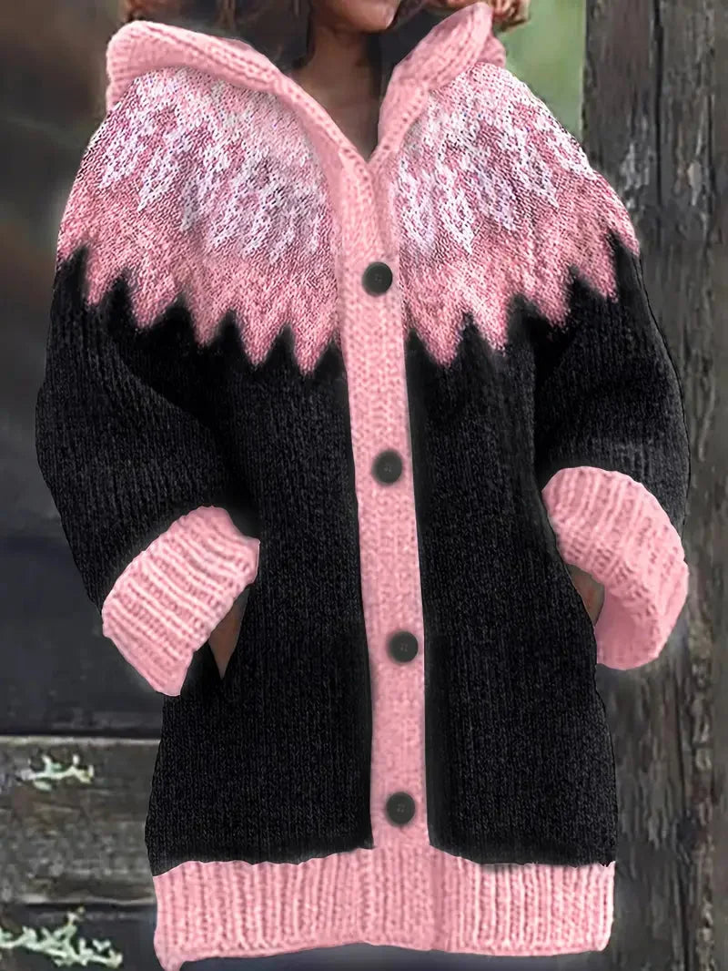 Women's Knit Hooded Mid-Length Fair Isle Pattern Cardigan Sweater – Button Front