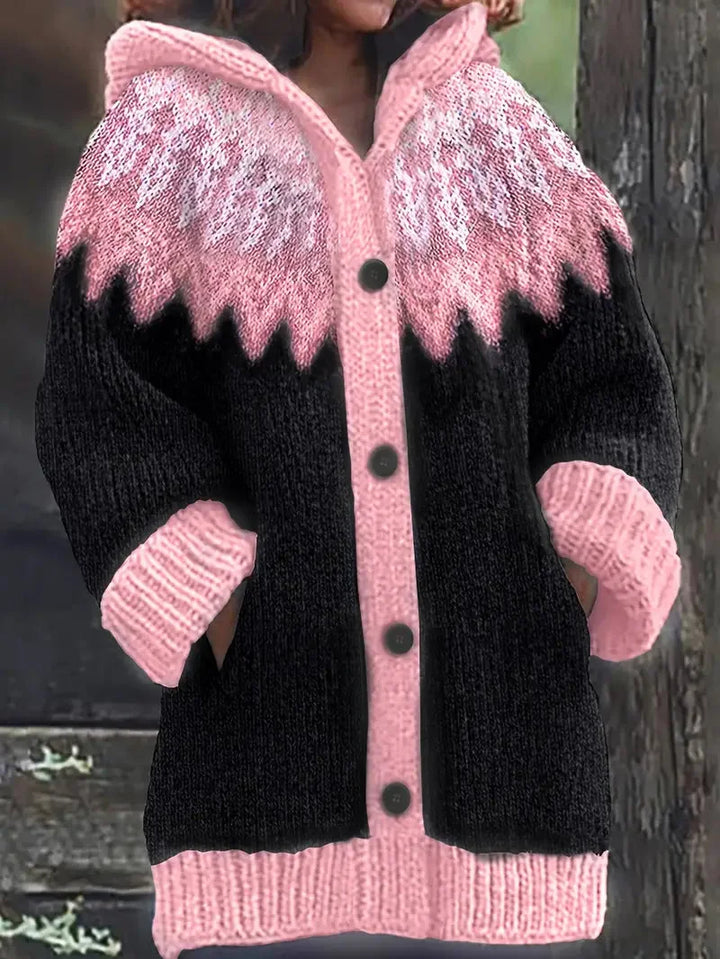 Women's Knit Hooded Mid-Length Fair Isle Pattern Cardigan Sweater – Button Front