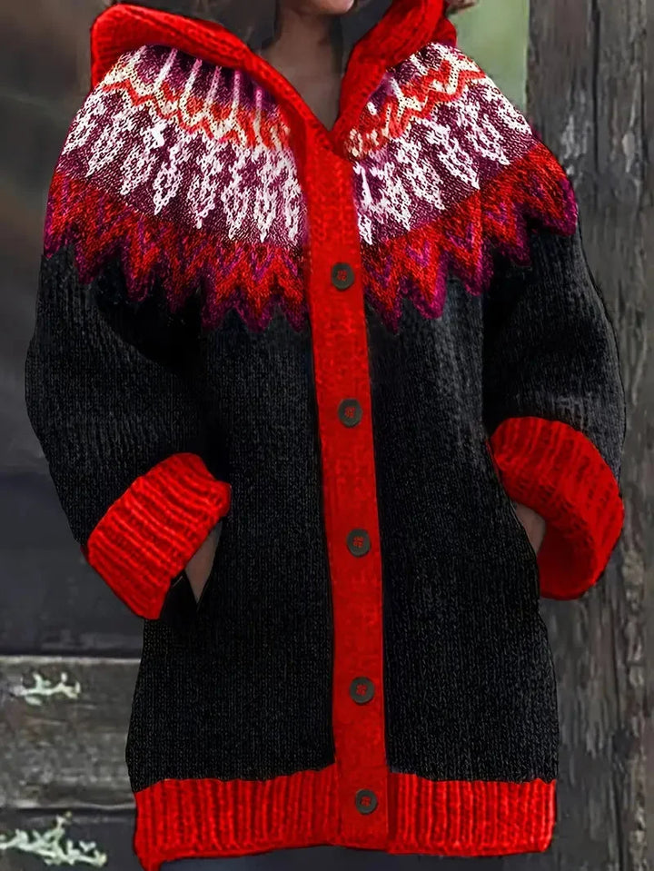Women's Knit Hooded Mid-Length Fair Isle Pattern Cardigan Sweater – Button Front