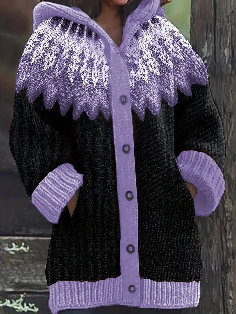 Women's Knit Hooded Mid-Length Fair Isle Pattern Cardigan Sweater – Button Front