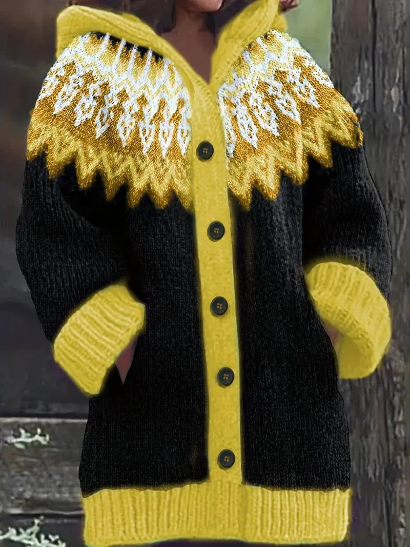 Women's Knit Hooded Mid-Length Fair Isle Pattern Cardigan Sweater – Button Front