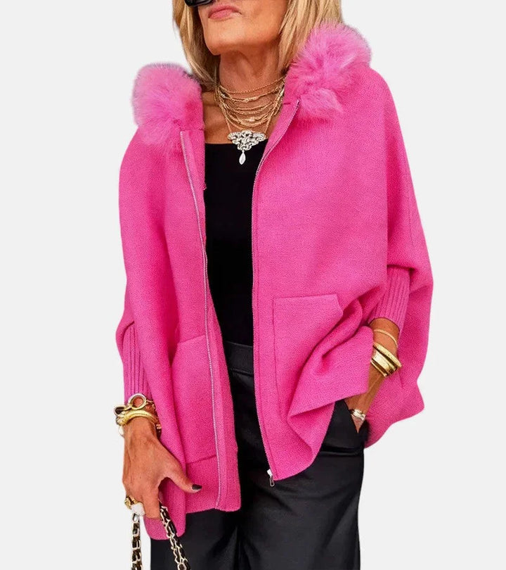 Women's Knit Hooded Cardigan – Full-Zip, Fur-Trim And Patch Pockets