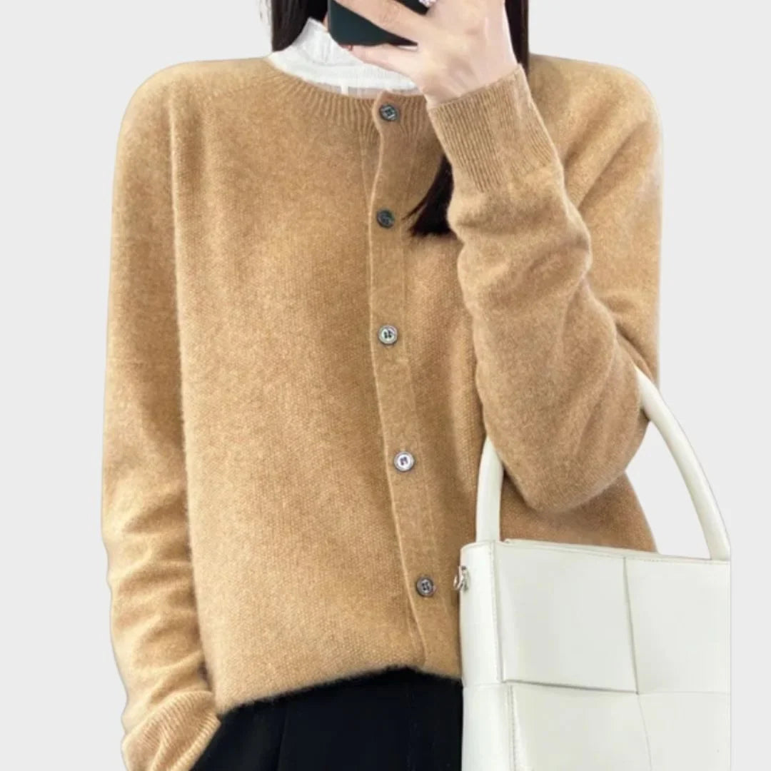 Women's Knit Long-Sleeve Cardigan Sweater – Crew-Neck Button Closure