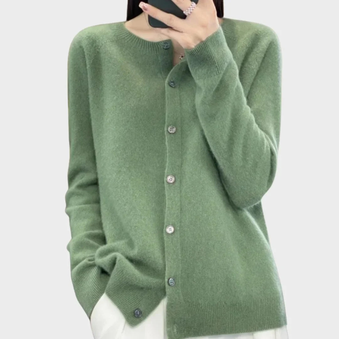 Women's Knit Long-Sleeve Cardigan Sweater – Crew-Neck Button Closure