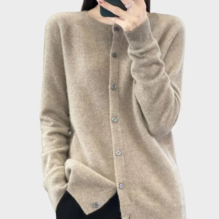 Women's Knit Long-Sleeve Cardigan Sweater – Crew-Neck Button Closure