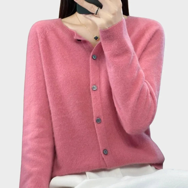 Women's Knit Long-Sleeve Cardigan Sweater – Crew-Neck Button Closure