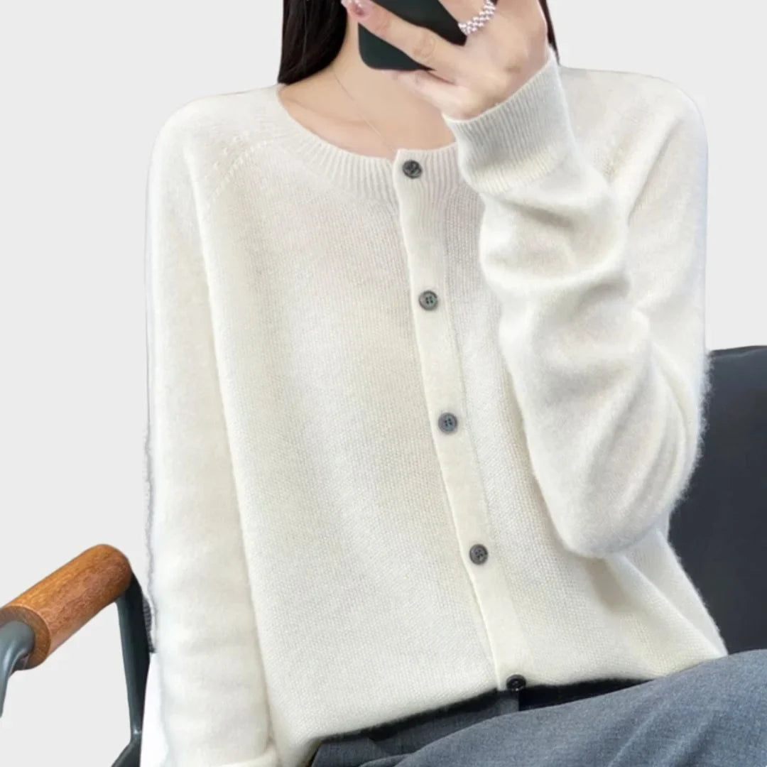 Women's Knit Long-Sleeve Cardigan Sweater – Crew-Neck Button Closure
