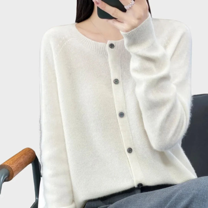 Women's Knit Long-Sleeve Cardigan Sweater – Crew-Neck Button Closure