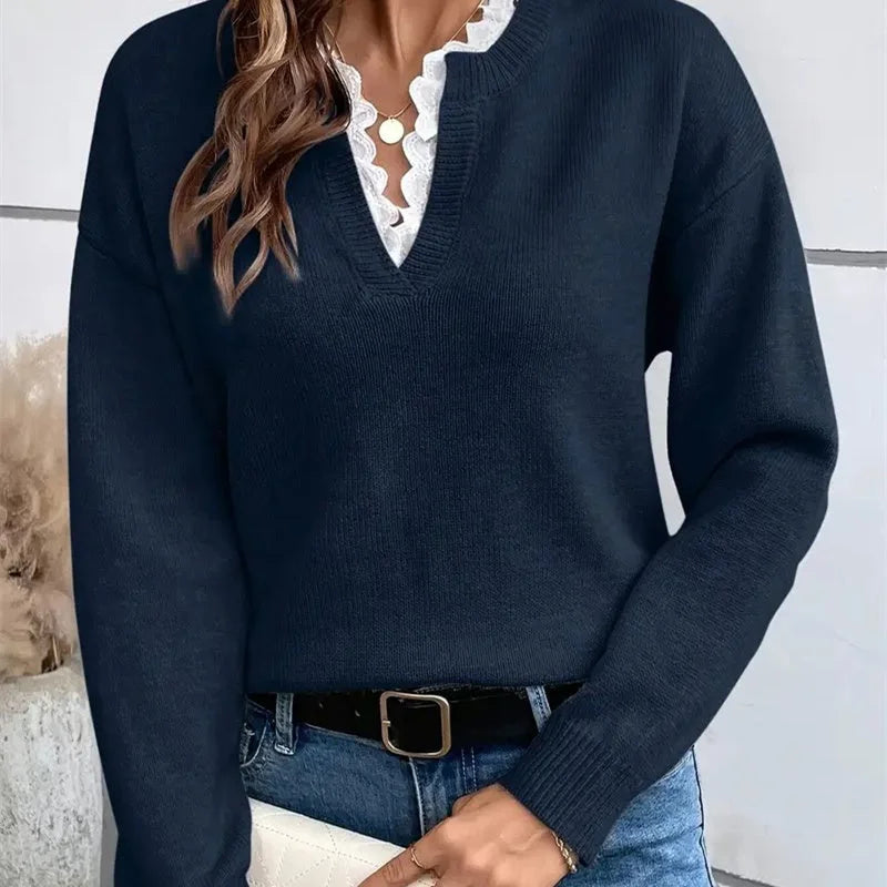 Women's Knit Long-Sleeve Sweater – V-Neck And Lace-Trim