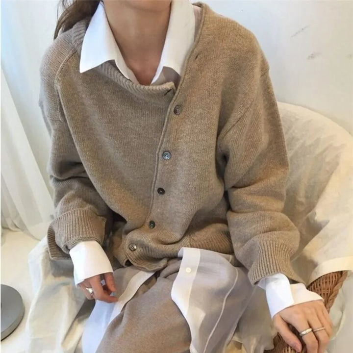 Women's Knit Loose-Fit Cardigan Sweater – Asymmetric Button Closure