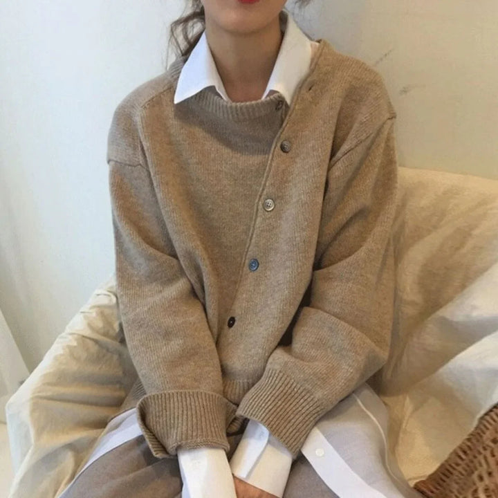 Women's Knit Loose-Fit Cardigan Sweater – Asymmetric Button Closure