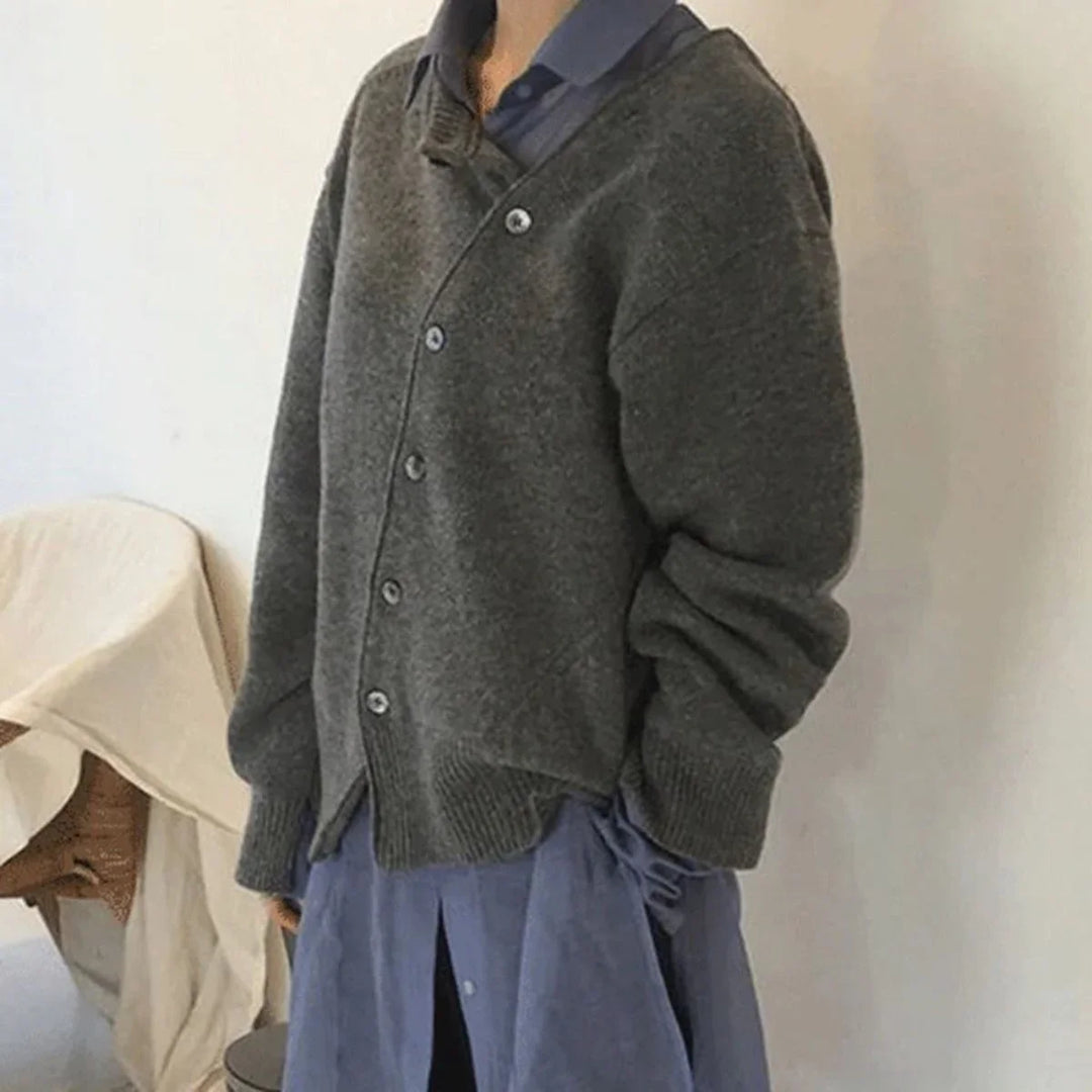 Women's Knit Loose-Fit Cardigan Sweater – Asymmetric Button Closure