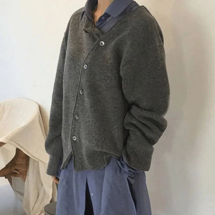 Women's Knit Loose-Fit Cardigan Sweater – Asymmetric Button Closure