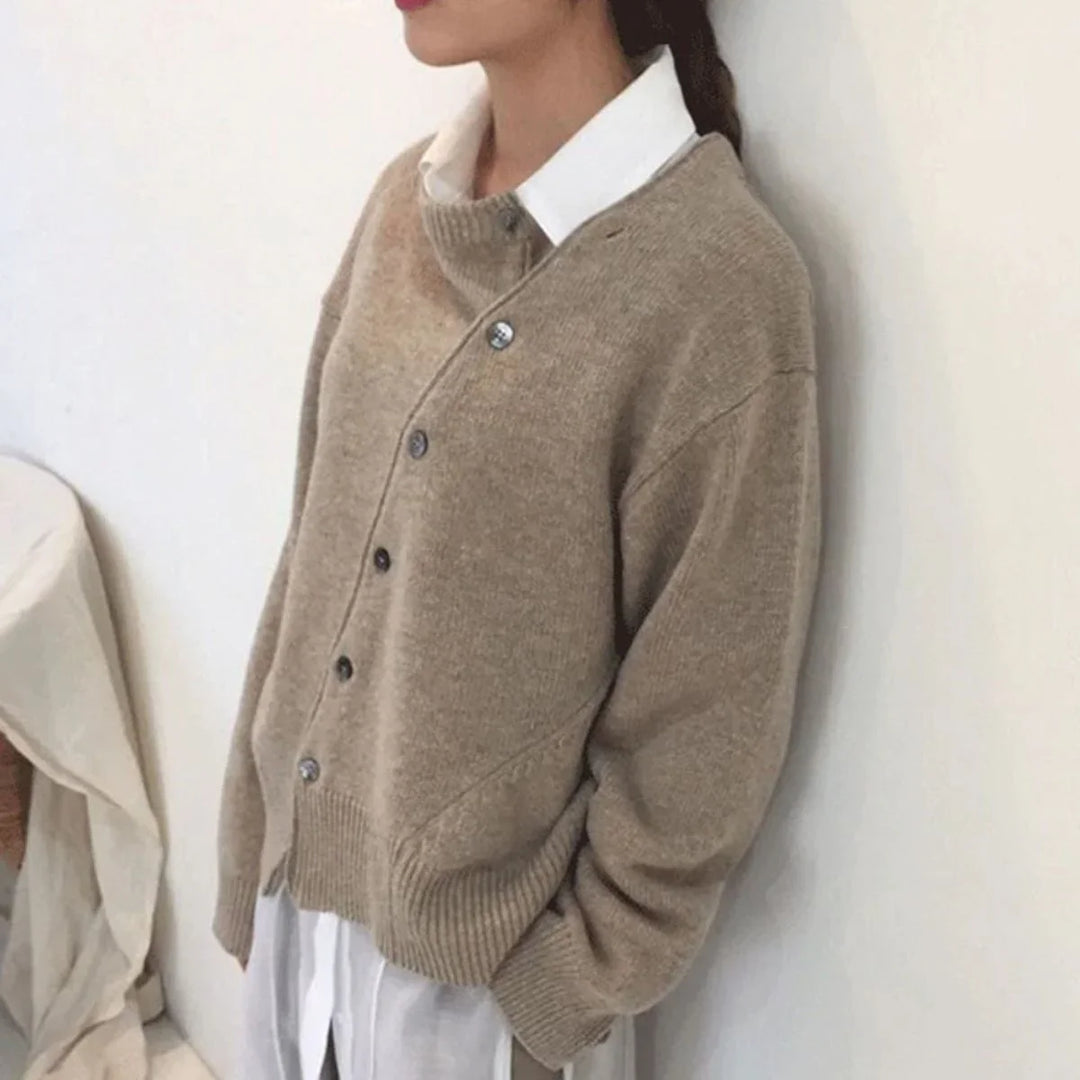 Women's Knit Loose-Fit Cardigan Sweater – Asymmetric Button Closure