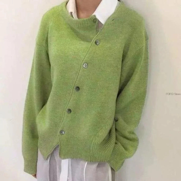 Women's Knit Loose-Fit Cardigan Sweater – Asymmetric Button Closure
