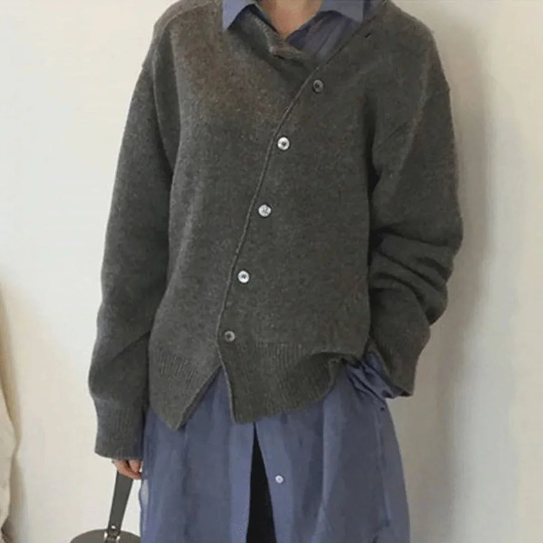 Women's Knit Loose-Fit Cardigan Sweater – Asymmetric Button Closure
