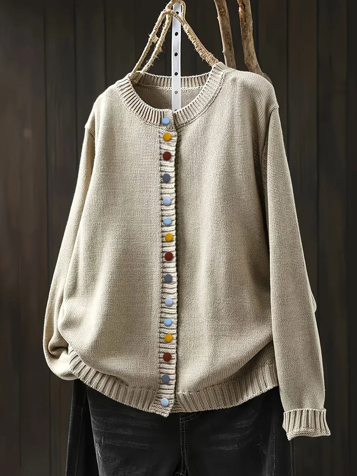 Women's Knit Loose-Fit Cardigan Sweater – Multicolor Button-Front And Crew-Neck