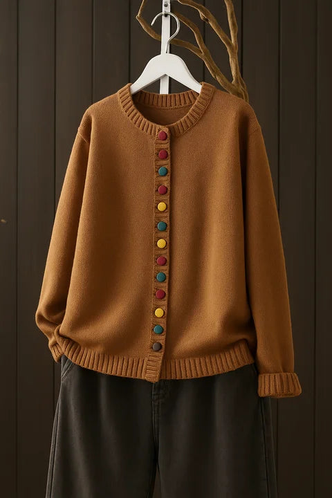 Women's Knit Loose-Fit Cardigan Sweater – Multicolor Button-Front And Crew-Neck