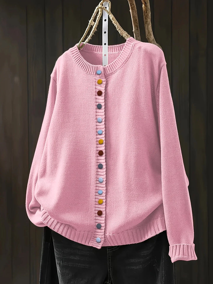 Women's Knit Loose-Fit Cardigan Sweater – Multicolor Button-Front And Crew-Neck