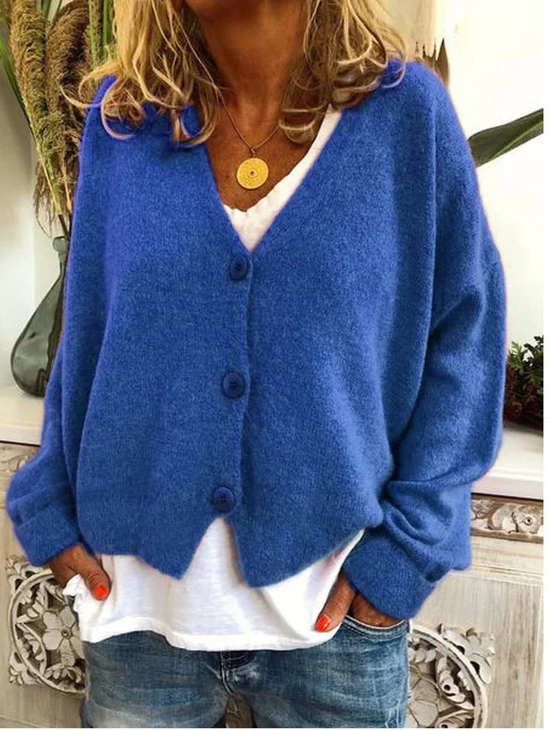 Women's Knit Oversized Cardigan Sweater – V-Neck Long-Sleeve Button-Front