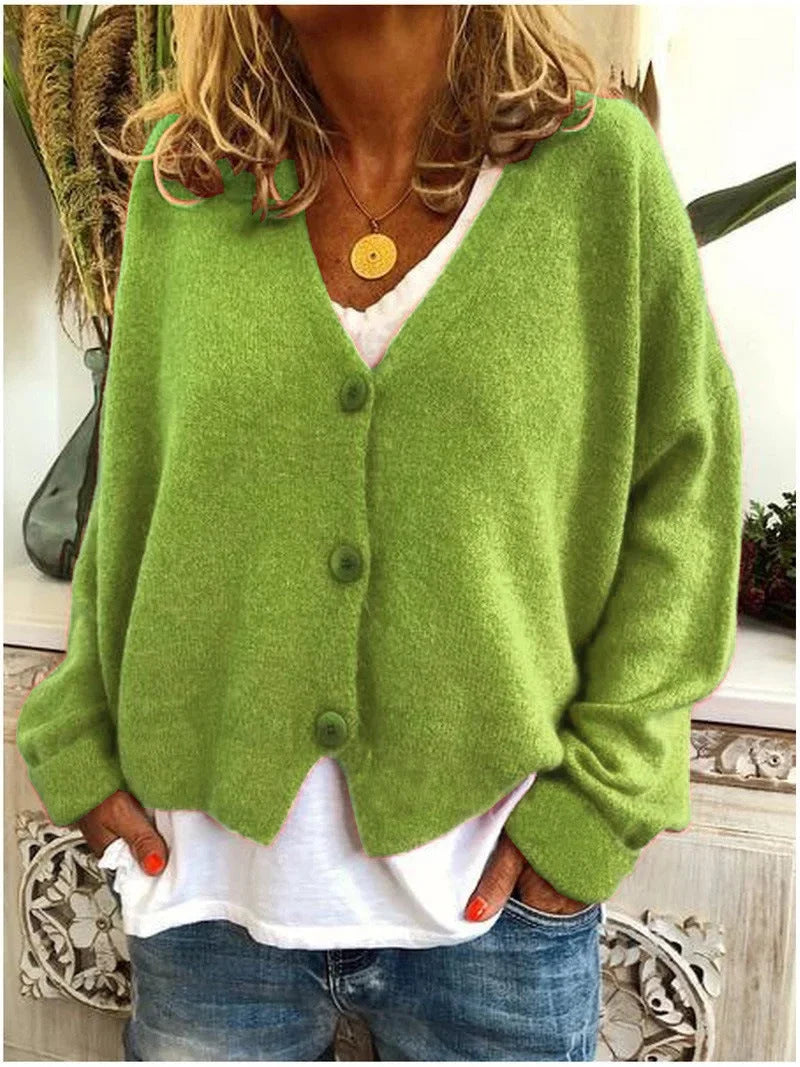 Women's Knit Oversized Cardigan Sweater – V-Neck Long-Sleeve Button-Front