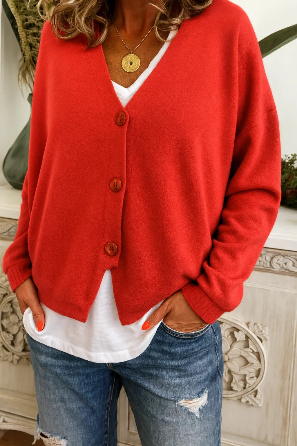 Women's Knit Oversized Cardigan Sweater – V-Neck Long-Sleeve Button-Front