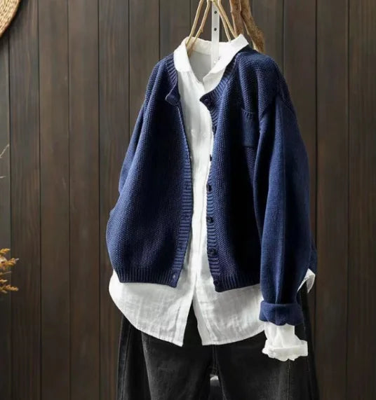 Women's Knit Relaxed Fit Crew Neck Cardigan Sweater – Button Front And Chest Pocket