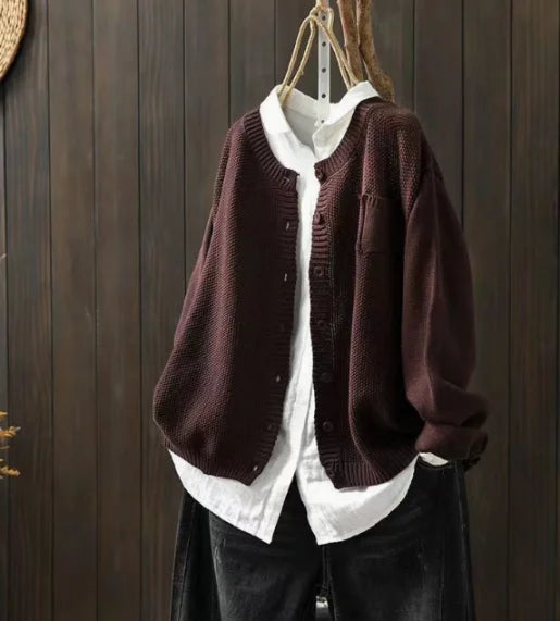 Women's Knit Relaxed Fit Crew Neck Cardigan Sweater – Button Front And Chest Pocket