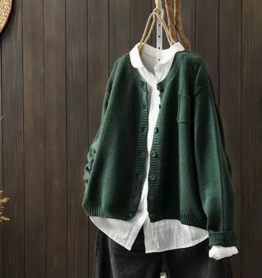 Women's Knit Relaxed Fit Crew Neck Cardigan Sweater – Button Front And Chest Pocket
