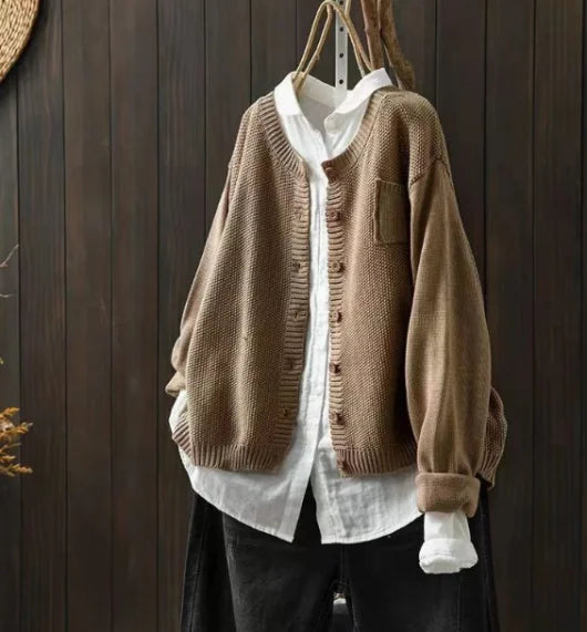 Women's Knit Relaxed Fit Crew Neck Cardigan Sweater – Button Front And Chest Pocket