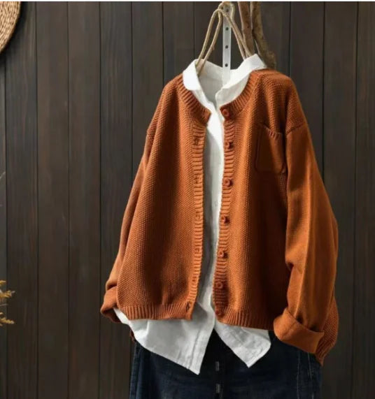 Women's Knit Relaxed Fit Crew Neck Cardigan Sweater – Button Front And Chest Pocket