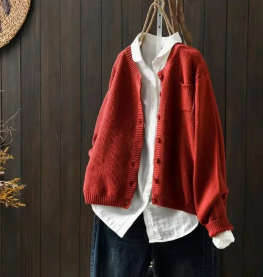 Women's Knit Relaxed Fit Crew Neck Cardigan Sweater – Button Front And Chest Pocket