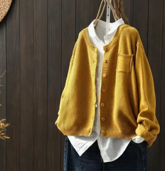 Women's Knit Relaxed Fit Crew Neck Cardigan Sweater – Button Front And Chest Pocket