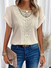 Women's Knit Short-Sleeve Top – Round-Neck And Crochet Yoke Detail