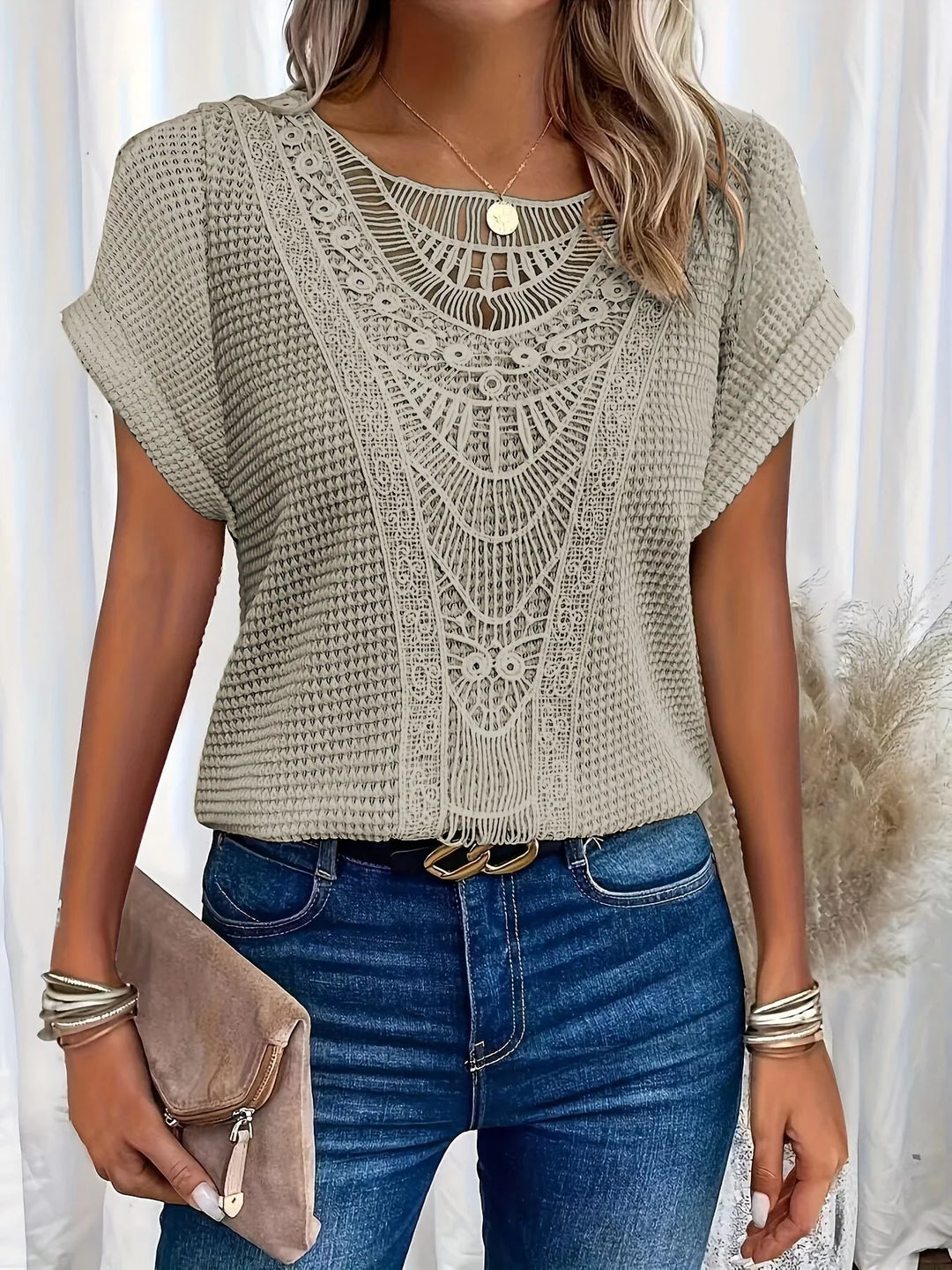 Women's Knit Short-Sleeve Top – Round-Neck And Crochet Yoke Detail