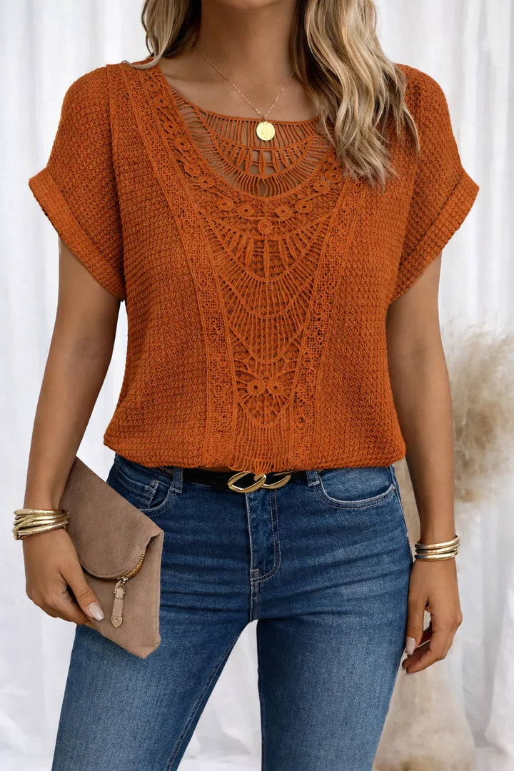 Women's Knit Short-Sleeve Top – Round-Neck And Crochet Yoke Detail