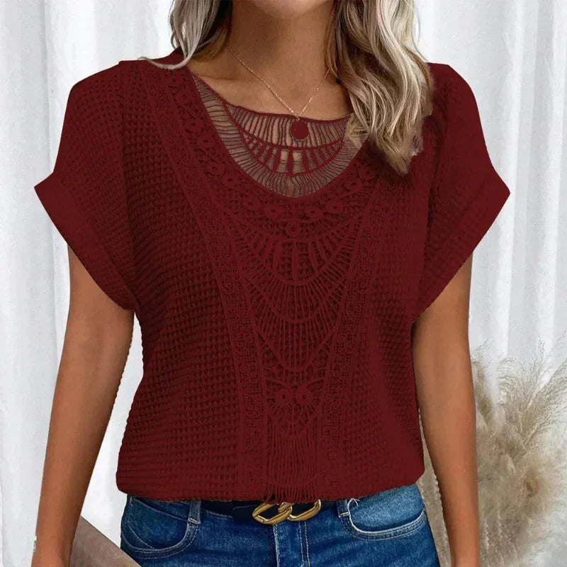 Women's Knit Short-Sleeve Top – Round-Neck And Crochet Yoke Detail