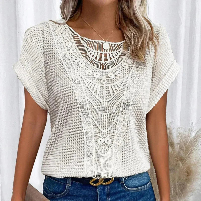 Women's Knit Short-Sleeve Top – Round-Neck And Crochet Yoke Detail