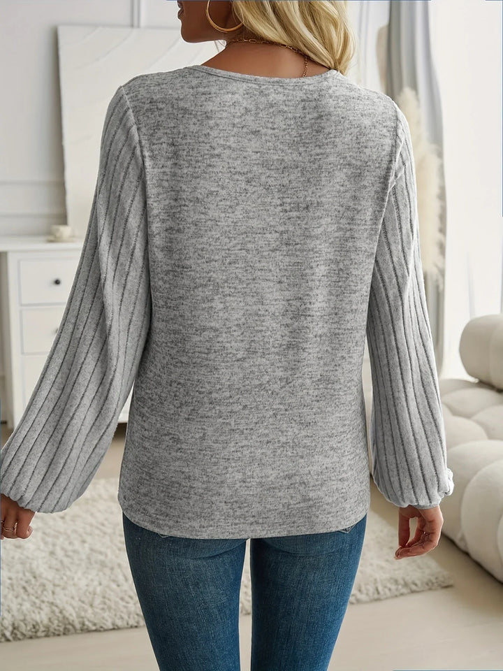 Women's Knit Sweater – V-Neck And Ribbed Lantern Sleeves