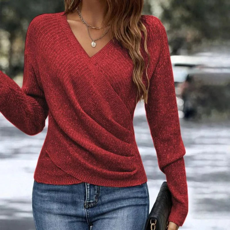 Women's Knit Wrap-Front Sweater – V-Neck Long-Sleeve
