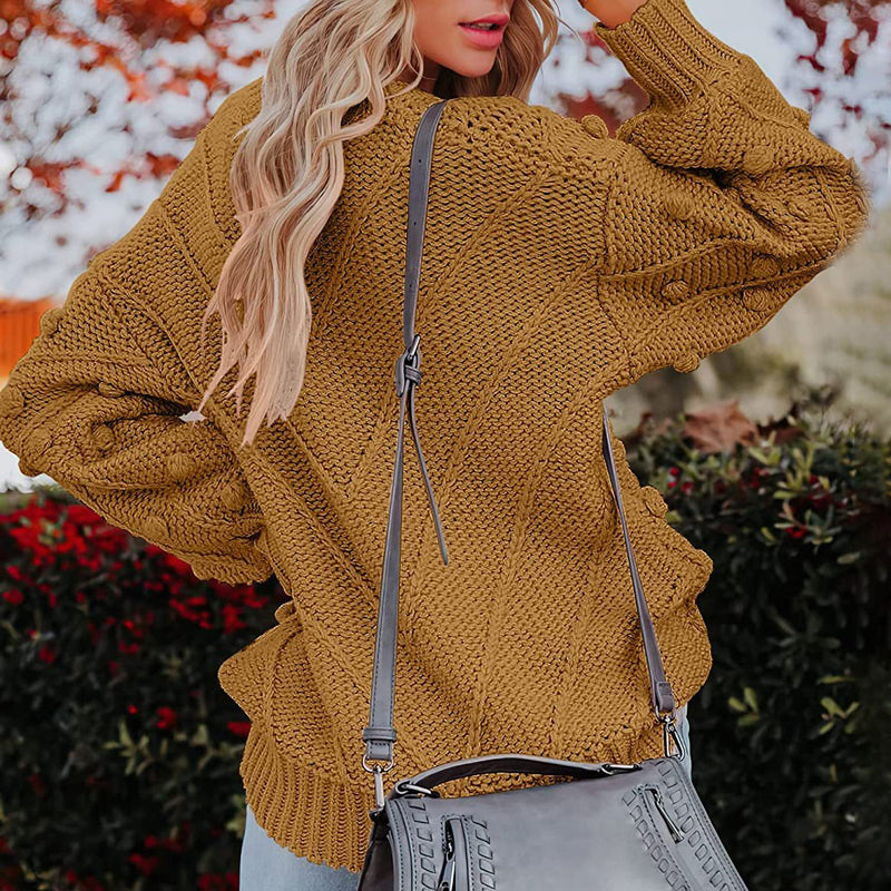 Women's Jumper – Chunky Cable Knit Bobble Balloon Sleeve