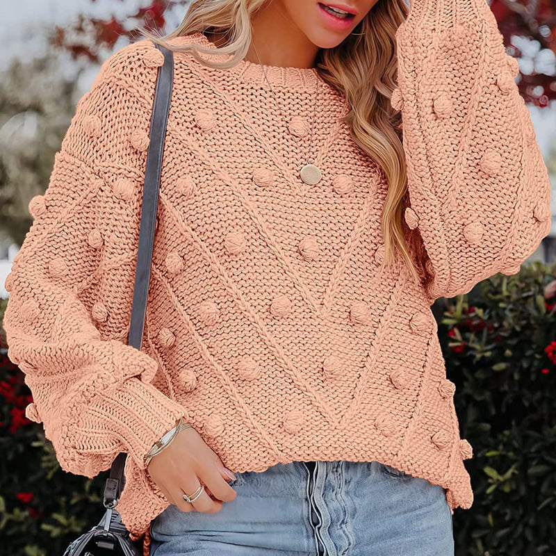 Women's Jumper – Chunky Cable Knit Bobble Balloon Sleeve