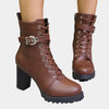 Women's Lace-Up Block-Heel Combat Ankle Boots Buckle Strap