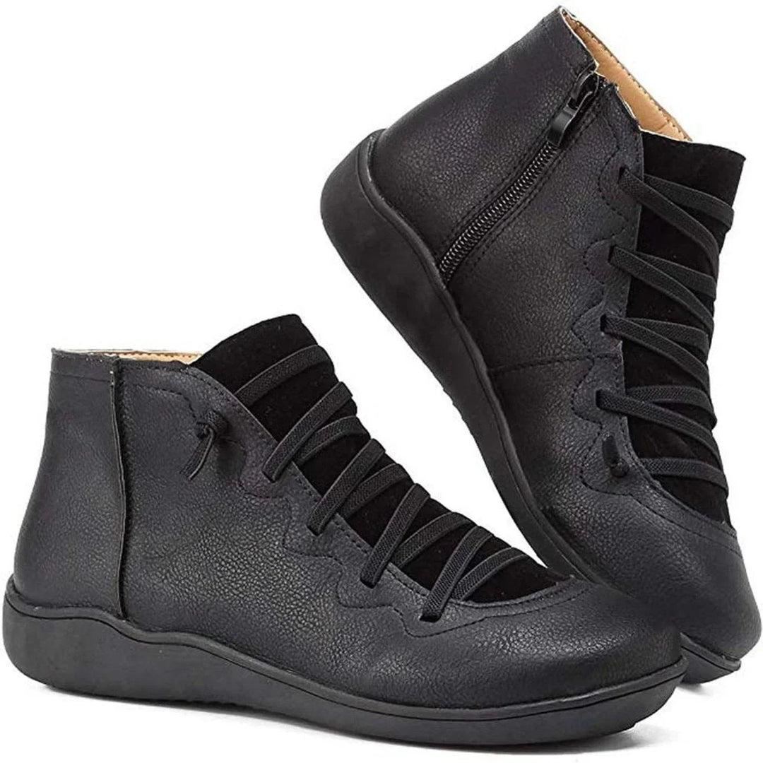 Women's Lace-Up Side-Zip Flat Leather Ankle Boots