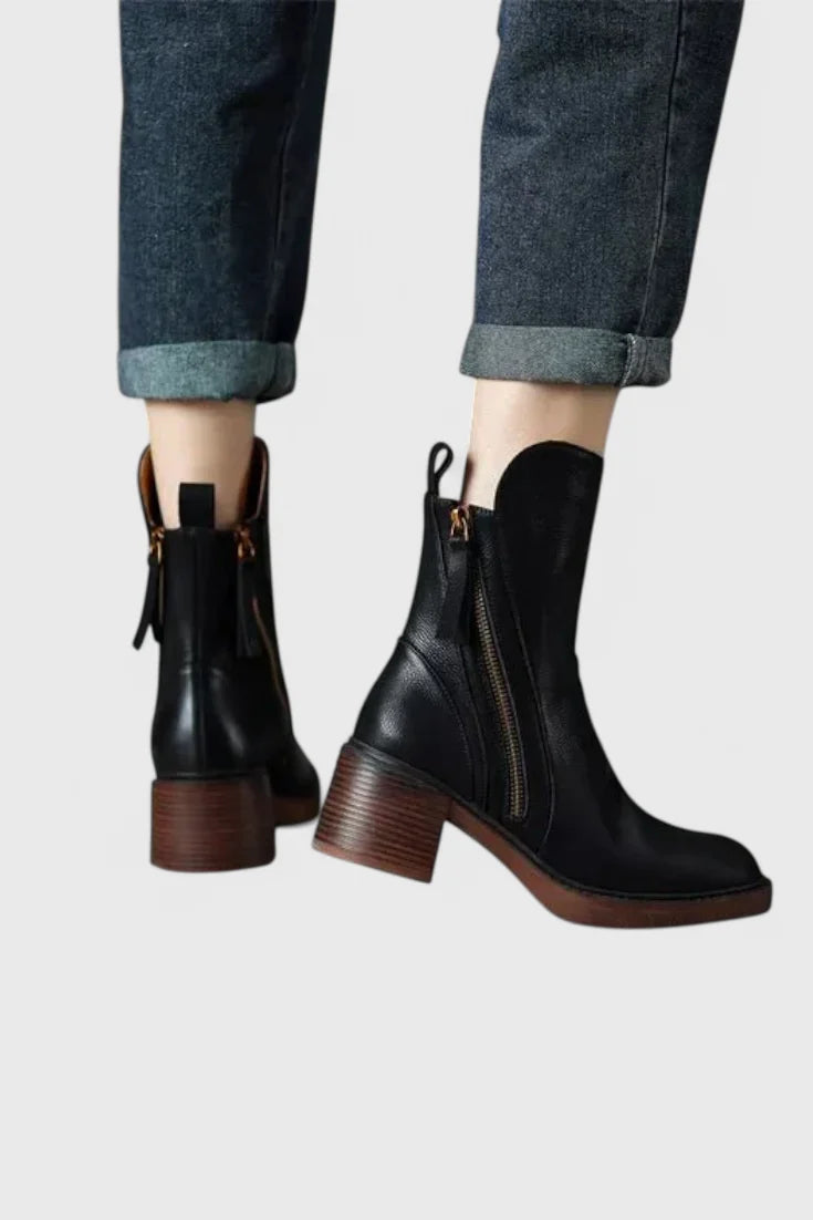 Women's Leather Ankle Boots – Functional Side Zipper And Block Heel
